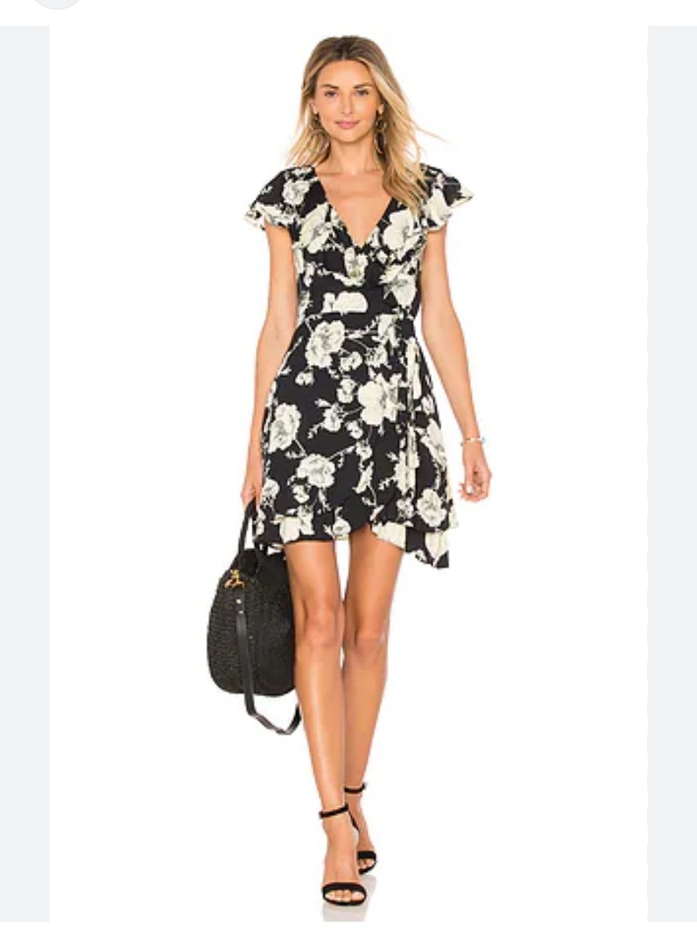 Free People French Quarter Printed Black & Cream Floral Wrap Mini Dress | M